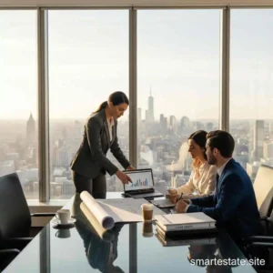 Commercial real estate attorney near me meeting with clients in a glass-walled office overlooking a U.S. city skyline – SmartEstate.site