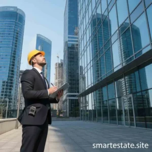 Commercial real estate appraiser inspecting office building for valuation