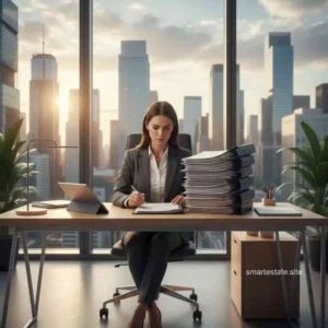 Commercial real estate lawyer reviewing property contracts in an office overlooking the city