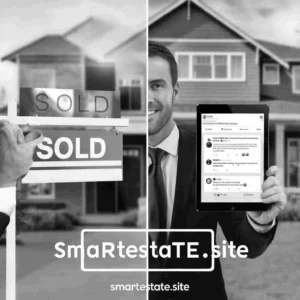 Real estate agent comparing traditional postcards with digital marketing on tablet for 2025 marketing strategies
