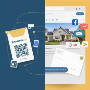 Integrated real estate marketing strategy showing how postcards with QR codes connect to digital platforms for maximum impact