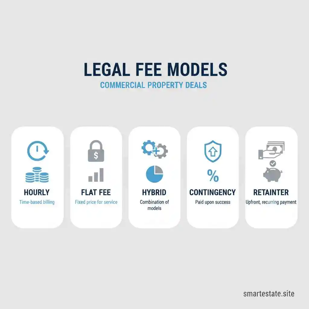 Infographic of legal fee models for commercial property deals: hourly, flat fee, hybrid, contingency, retainer – SmartEstate.site